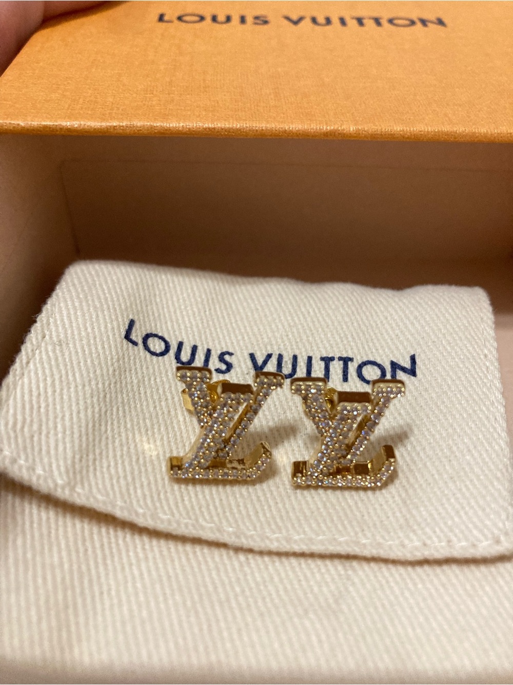 Louis Vuitton Gold Crystal LV Logo Stud Earrings